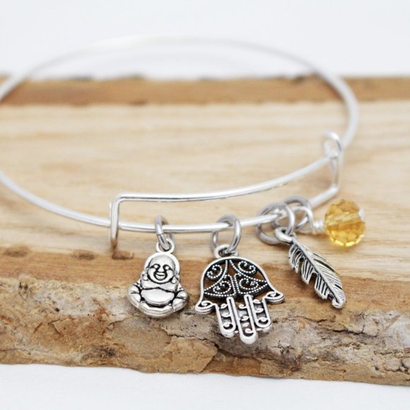 Buddha, Hamsa & Feather Adjustable Charm Bangle - Handcrafted - Picture 3 of 4